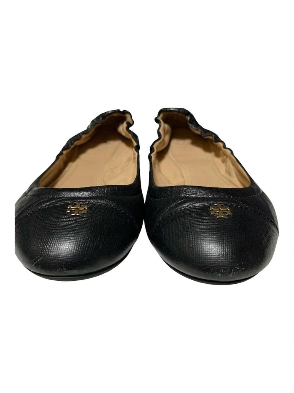 Tory Burch Black ‘York’ Leather Elastic-Back Ballet Flats with Gold Logo
